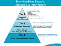 Providing Peer Support: Strategies and Interventions. An important component of the Care for the Caregiver program includes identifying peer supporters. Peer supporters need to understand the different levels or tiers of support that can be offered to second victims: Tier 1 or Local Support: Involves support from the department leaders and colleagues/peers. This group can provide one-on-one reassurance to the second-victim.  Tier 2 or Trained Peer Supporters: Individuals who provide one-on-one crisis intervention and peer support mentoring to the second-victim through the investigation and analysis phase and potentially through litigation.  Tier 3 or Expedited Referral Network: Additional referral resources to help support the second victim throughout the recovery trajectory. Additional details on each of these tiers are available in the Care for the Caregiver support program tools.
