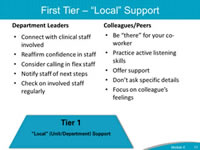 First Tier - 'Local' Support. Department Leaders - Connect with clinical staff involved. Reaffirm confidence in staff. Consider calling in flex staff. Notify staff of next steps. Check on involved staff regularly. Colleagues/Peers - Be “there” for your co-worker. Practice active listening skills. Offer support. Don’t ask specific details. Focus on colleague’s feelings.