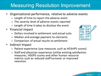 Measuring Resolution Improvement. Organizational performance, relative to adverse events. Financial impact. Indirect impact.