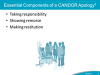 Essential Components of a CANDOR Apology: Taking responsibility, Showing remorse, and Making restitution.