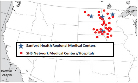 Figure 2 shows a map of the Western United States, indicating the location of four Sanford Health Regional Medical Centers, two in North Dakota and one each in South Dakota and Northern Minnesota. The map also shows locations of the many Sanford Medical Centers and local hospitals scattered throughout North and South Dakota, Minnesota, Nebraska, and Iowa.
