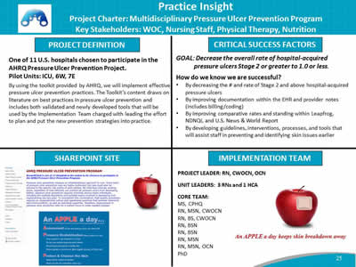 Practice Insight. Project Charter: Multidisciplinary Pressure Ulcer Prevention Program; Key Stakeholders: WOC, Nursing Staff, Physical Therapy, Nutrition.