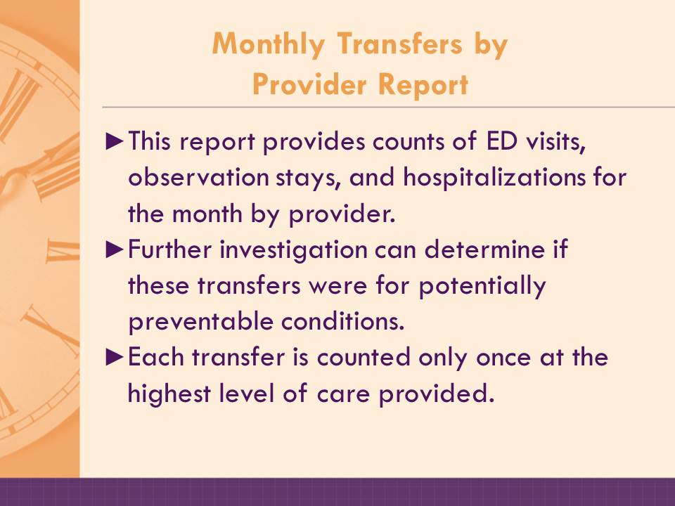 Monthly transfers by provider report