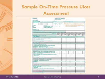 The first page of a sample On-Time Pressure Ulcer Assessment form is shown.