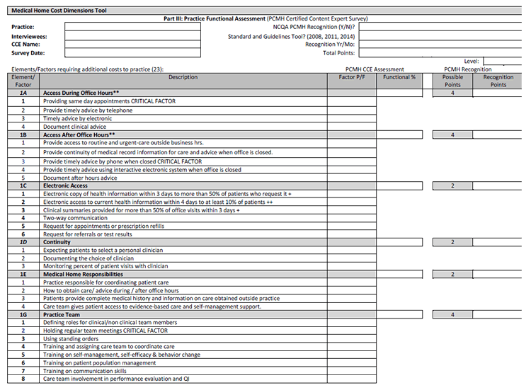 Table showing Part III of the cost dimensions tool which is used to generate a functional assessment of the practice.  Users review a list of elements and factors based on NCQA recognition criteria and enter which are relevant to their practice in order to determine those requiring additional costs to the practice.