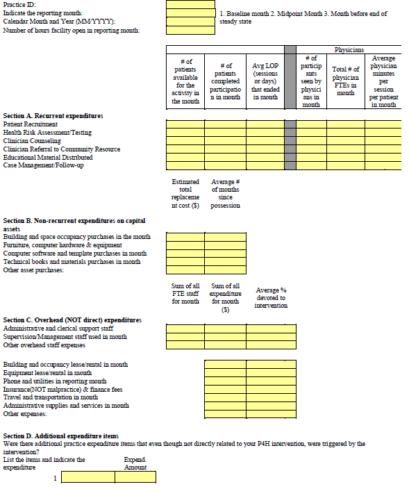 This is Table 3 of the P4H baseline intervention tool template. Users complete this table to track and collect any and all expenses such as recurrent expenditures, non-recurrent expenditures, overhead, and other expenditures. Staff time is included. 