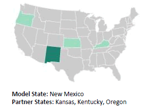 Map of the United States with New Mexico, Kansas, Kentucky and Oregon highlighted.