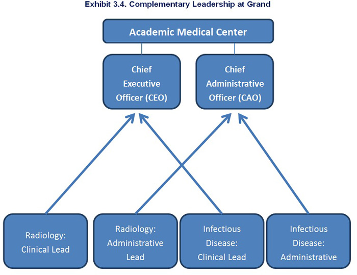 Exhibit 3.4. Complimentary Leadership at Grand.  A flow chart showing leadership flow in the Academic Medical Center. The clinical leads in radiology and infectious disease report to an executive officer (CEO), while the administrative leads in radiology and infectious disease report to an administrative officer (CAO). 