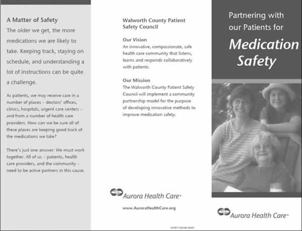 A photo of a sample brochure from Aurora Health Care. The title is 'Partnering With Our Patients for Medication Safety'.