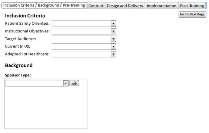 Screenshot shows the first data entry page. Data can be entered for Inclusion Criteria and Background Information.