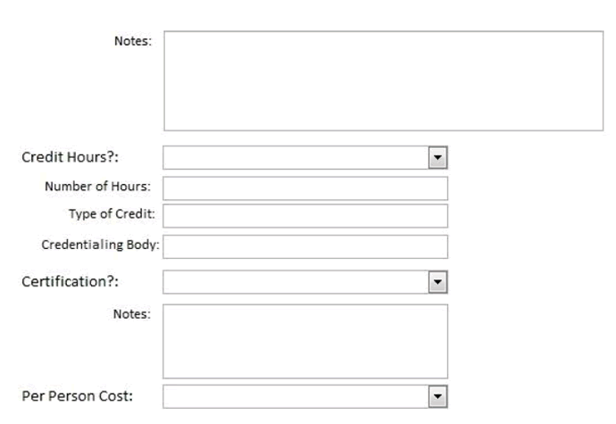 Screenshot shows the tenth data entry page. Data can be entered about Credit Hours, Certification, and Per Person Cost.