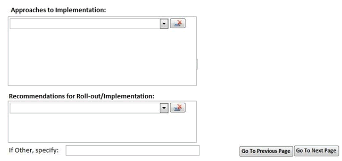 Screenshot shows the eleventh data entry page. Data can be entered about Approaches to Implementation and Recommendation for Roll-out.