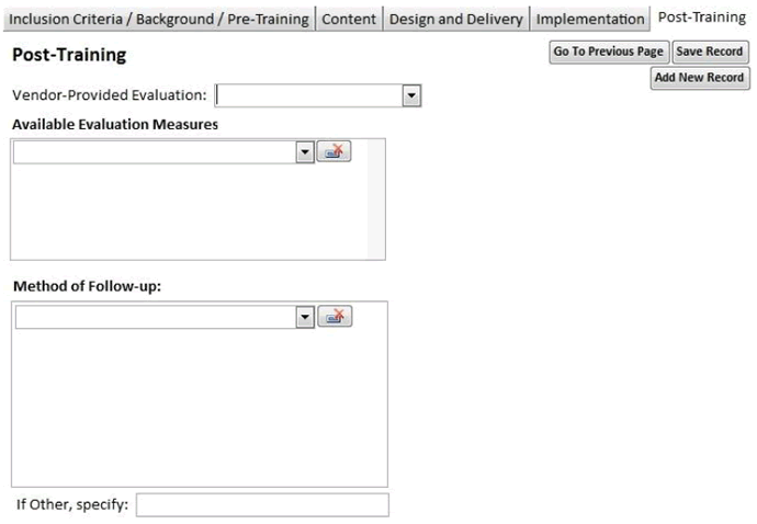 Screenshot shows the twelfth data entry page. Data can be entered for Post Training Information such as Available Evaluation Measures and Method of Follow-up.