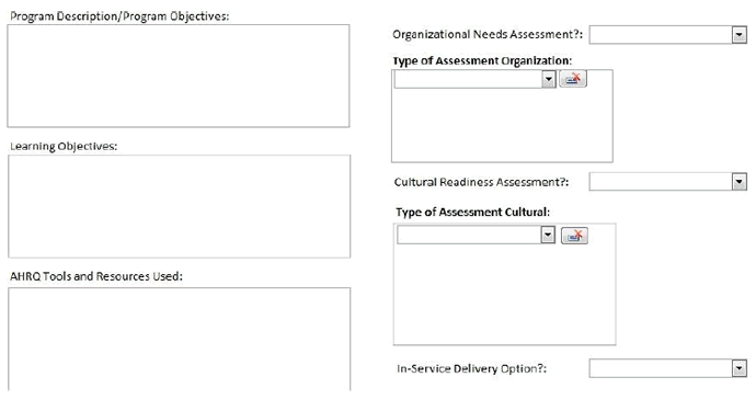 Screenshot shows the fifth data entry page. Data can be entered for Content information such as Program Description & Objectives, Learning Objectives, and Tools & Resources.