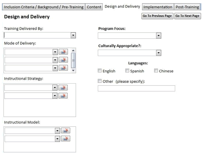 Screenshot shows the seventh data entry page. Data can be entered for Design and Delivery, including who training was delivered by, mode of delivery, instructional strategy, model, and program focus.