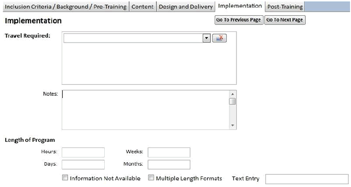 Screenshot shows the ninth data entry page. Data can be entered for Implementation information such as Travel Required and Length of Program.