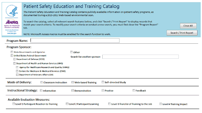 A screenshot shows the first page of the Patient Safety Education and Training Catalog. Search fields include Program Name, Program Sponsor, Mode of Delivery, Instructional Strategy, and Available Evalualtion Measures.