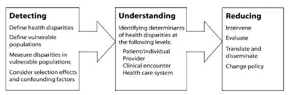 Figure 1-1. A framework for reducing disparities in health care systems. For details, go to [D] Text Description below.