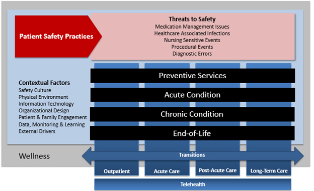 Figure 1 outlines the role of patient safety practices to mitigate threats to safety and pre-existing contextual factors as an individual moves through various settings of care and health phases.