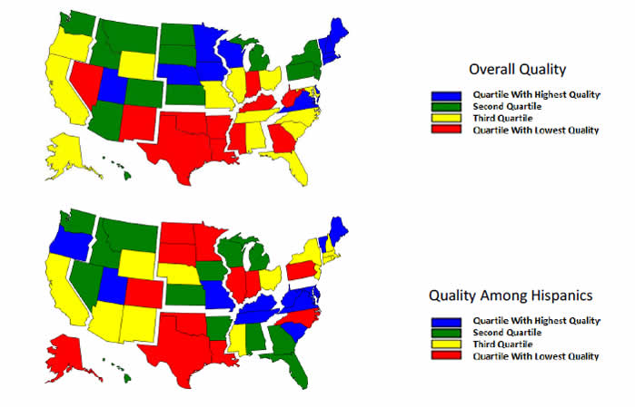 Two maps of the United States are color-coded by state to compare overall quality and quality among Hispanics.