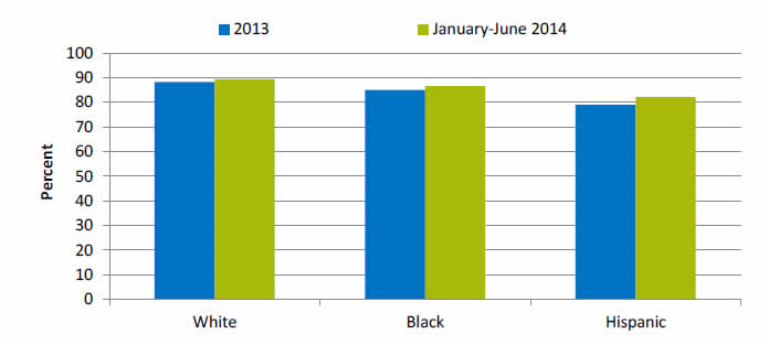 Chart shows age-sex adjusted percentage of people of all ages with a usual place to go for medical care. White: 2013 - 88.3; January-June 2014 - 89.3. Black: 2013 - 85; January-June 2014 - 86.5. Hispanic: 2013 - 79; January-June 2014 - 82.2.