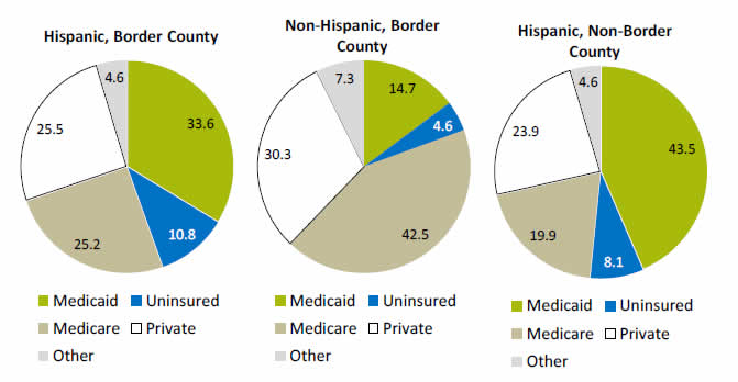 Pie charts show Percentage of Inpatient Stays, by Expected Payer. Hispanic, Border County: Medicaid - 33.6; Uninsured - 10.8; Medicare - 25.2; Private - 25.5; Other - 4.6. Non-Hispanic, Border County: Medicaid - 14.7; Uninsured - 4.6; Medicare - 42.5; Private - 30.3; Other - 7.3.   Hispanic, Non-Border County: Medicaid - 43.5; Uninsured - 8.1; Medicare - 19.9; Private - 23.9; Other - 4.6.