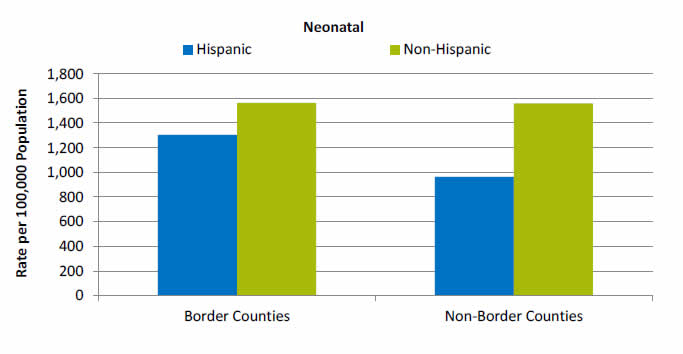 Bar chart shows rates per 100,000 population for Neonatal Inpatient Hospital Stays. Border Counties: Hispanic - 1,304; Non-Hispanic - 1,565. Non-Border Counties: Hispanic - 963; Non-Hispanic - 1,560.