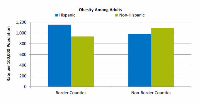Bar chart shows rates per 100,000 population for Obesity Among Adults. Border Counties: Hispanic - 1,153; Non-Hispanic - 934. Non-Border Counties: Hispanic - 983; Non-Hispanic - 1,085.