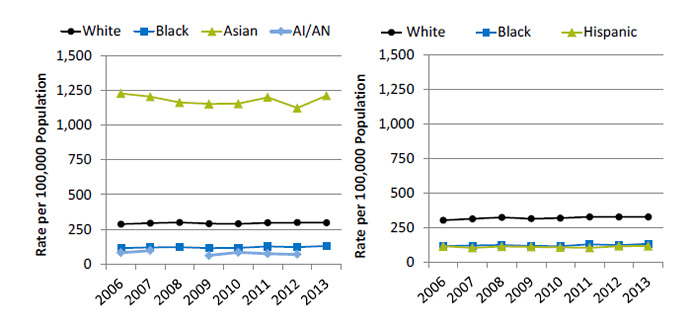 Line graphs show physicians and surgeons per 100,000 population, by race and ethnicity. Text description is below the image.