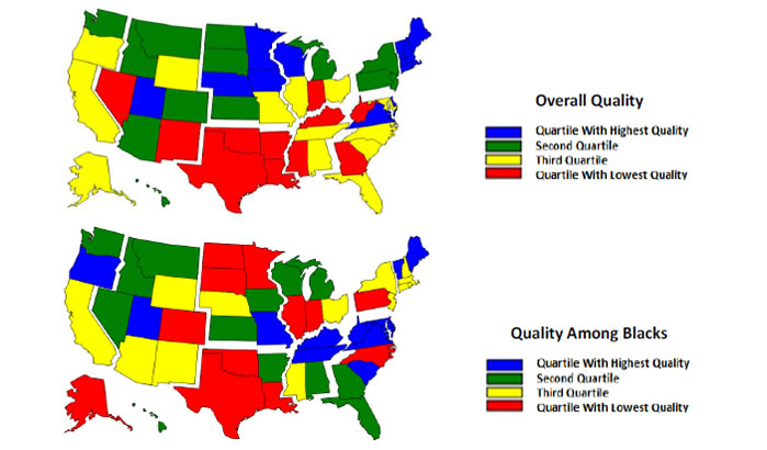 Two maps of the United States are color-coded by state to compare overall quality and quality among Blacks.