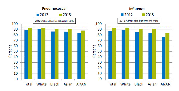 Charts show hospital patients who received pneumococcal immunization and influenza immunization. Text descriptions are below the image