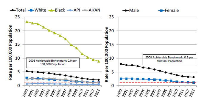 Charts show number of deaths due to HIV infection per 100,000 population, by race and sex. Text description is below the image.