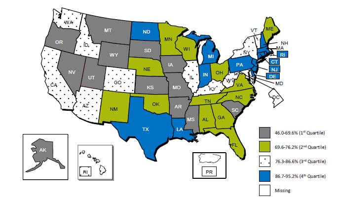Map of the United States is color-coded by state to show estimated vaccination coverage with at least 1 dose of meningococcal vaccine among adolescents.