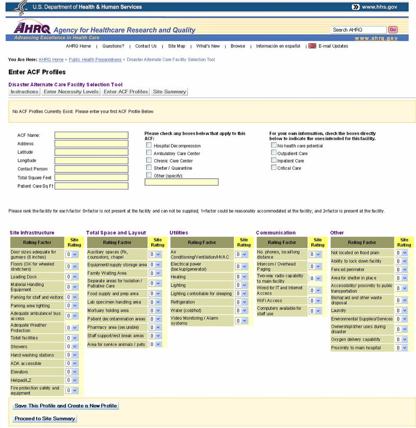 Disaster Care Facility Selection Tool. Screen shot of the tool's profile page. The user can enter data about a specific site on the table to indicate whether that site has specific infrastructure, space and layout, utilities, communications, and other needs.