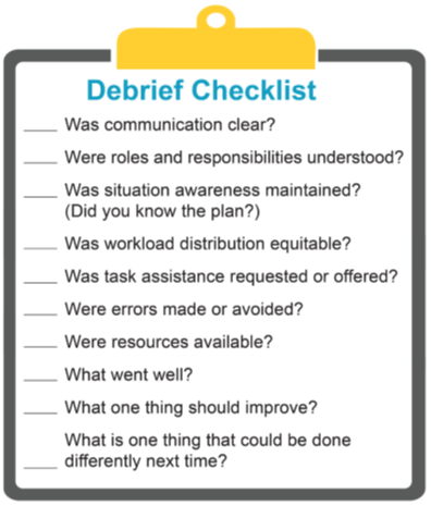 The Debrief Checklist can be used during a debrief to determine if communication was clear, if roles were understood, if the situation awareness was maintained, if the workload distribution was equitable, if the task assistance was requested or offered, if errors were made or avoided, and if resources were available. It will also help capture what went well and what could be improved.