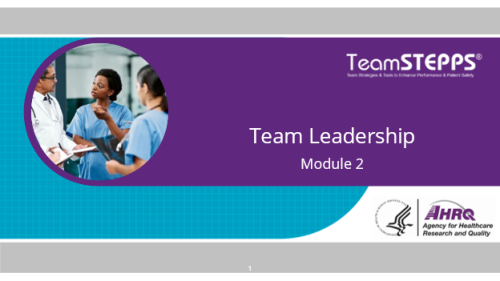 Team Leadership: Module 2. Image on slide a team of healthcare providers stand together discussing a patient.