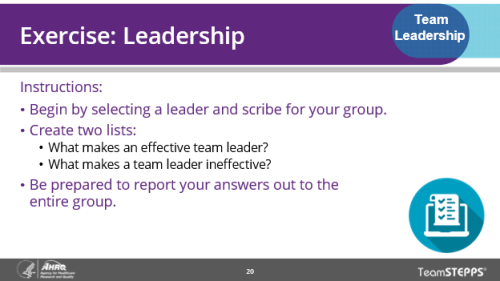 Leadership Exercise. Image of slide: key points are in the text below.