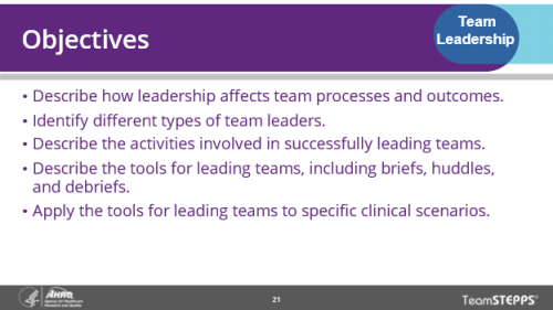 Image of slide: The objectives for the Leadership section are to describe how leadership affects team processes and outcomes, to identify different types of team leaders, to describe the activities involved in successfully leading teams, to describe the tools for leading teams, including briefs, huddles, and debriefs, and to apply the tools for leading teams to specific clinical scenarios.