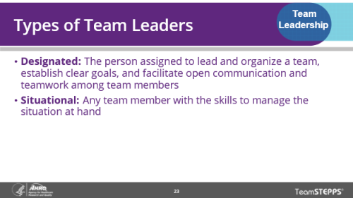 Types of Team Leaders. Image of slide: There are two types of team leaders: one, designated leader who is assigned to lead and two, a situational leader who has the skills to manage the situation at hand.