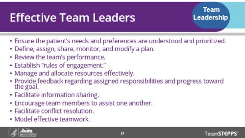 Effective Team Leaders. Image of slide: Effective team leaders ensure patient's needs and preferences are understood and prioritized; define, assign, share, monitor, and modify a plan; review the team's performance; establish rules of engagement; allocate and manage resources effectively; provide feedback on progress toward the goal; facilitate information sharing; and encourage mutual support, facilitate conflict resolution, and model effective teamwork.