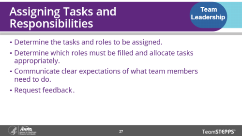 Assigning Tasks and Responsibilities. Image of slide: To effectively assign tasks and responsibilities, determine the tasks and roles, determine which ones need to be filled and allocate them appropriately, communicate clear expectations of what team members need to do, and request feedback.