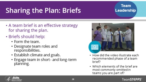 Sharing the Plan: Briefs. Image of slide: A team briefing is a strategy for sharing the plan. It should help form the team, designate team roles and responsibilities, establish climate and goals, and engage the team in short- and long-term planning.