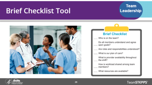 Brief Checklist Tool. Image of slide: a team of healthcare providers stand together discussing a patient, and a graphic of the Brief Checklist.