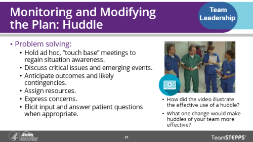 Monitoring and Modifying the Plan: Huddle. Image of slide: A Huddle is an ad hoc touch base meeting to update situation awareness, discuss critical and emerging issues, anticipate outcomes and contingencies, assign resources, express concerns, and to elicit input and answer patient questions when appropriate.