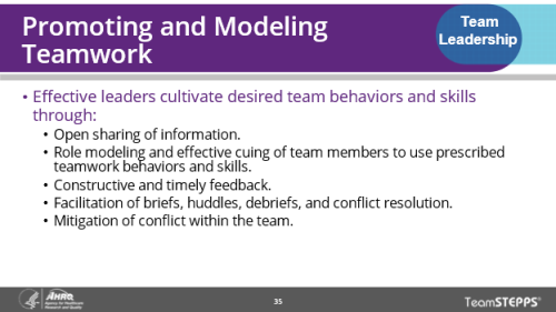 Promoting and Modeling Teamwork. Image of slide: Effective leaders promote and model teamwork by openly sharing information; effectively cuing team members to use prescribed teamwork behaviors and skills, providing constructive and timely feedback, facilitating briefs, huddles, debriefs, and conflict resolution, and mitigating conflict within the team.