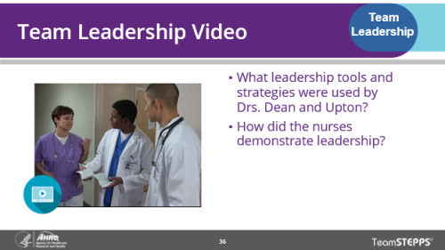 Team Leadership Video. Image of slide: Two physicians speak to a nurse. Key points are in the text below.
