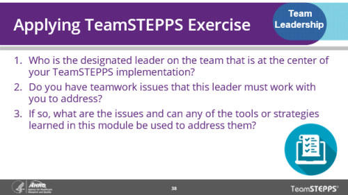 Applying TeamSTEPPS Exercise. Image of slide: key points are in the text below.