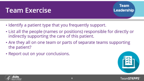 Teamwork Exercise. Image of slide: key points are in the text below.