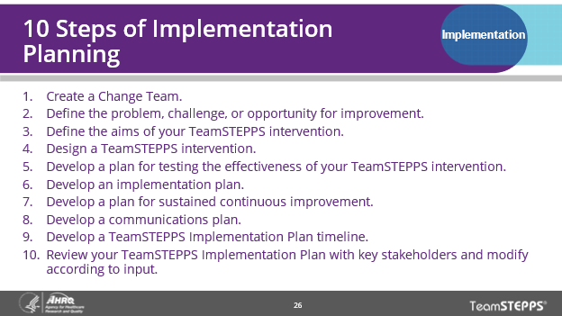 The 10 Steps of Implementation Planning slide shows the 10 steps to be discussed by the participants.