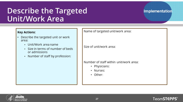 The slide "Describe the targeted unit/work area" lets participants name a work area that is likely to be receptive to change and target that work unit first.